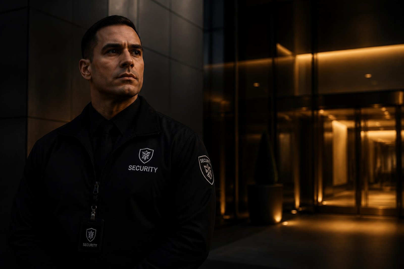 Uniformed Ragna 4 security officer on duty at a commercial building entrance